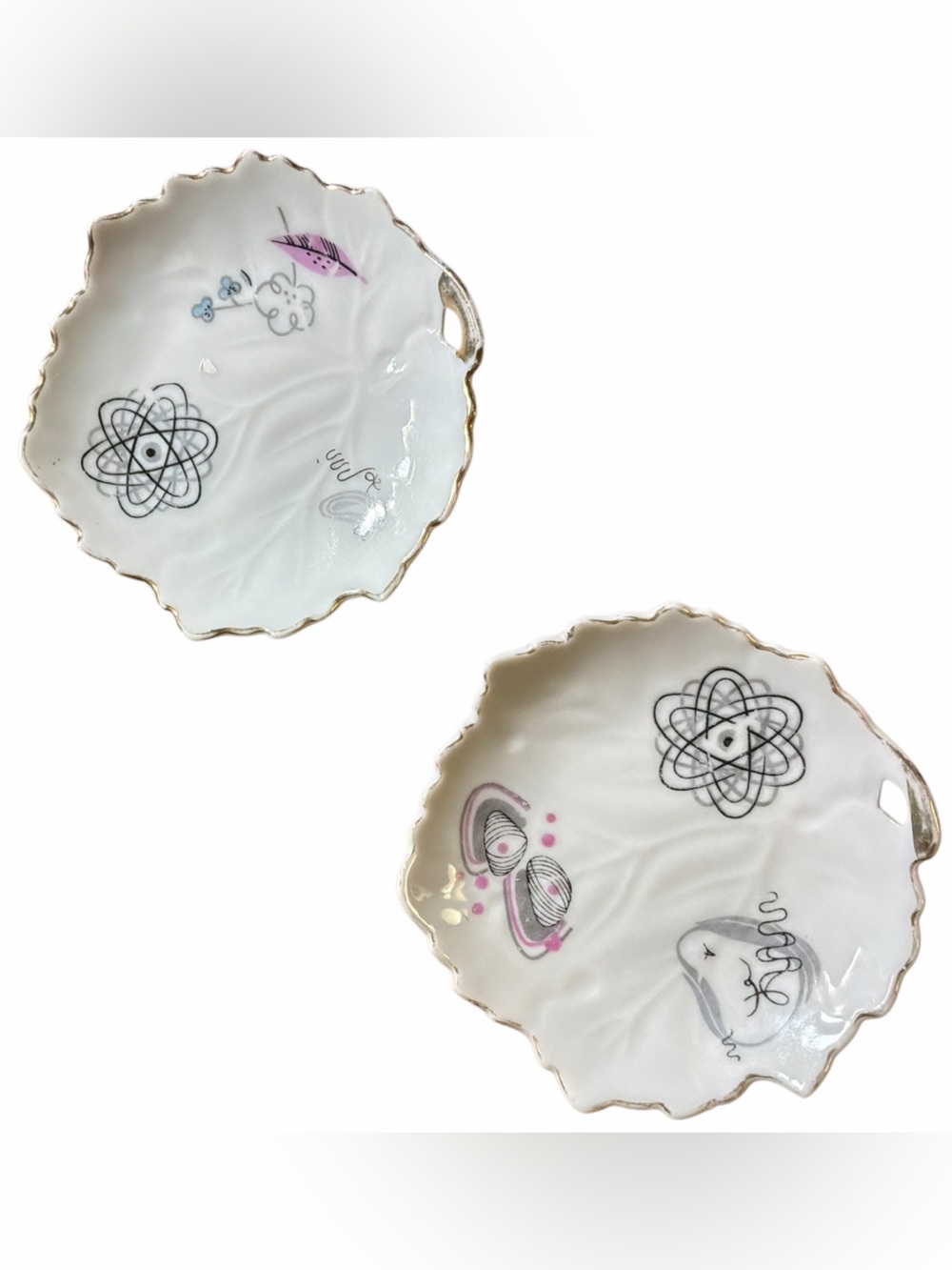 Mid Century Atomic Leaf Trinket Dishes 2 Ceramic Catchall Dishes MCM Space Age